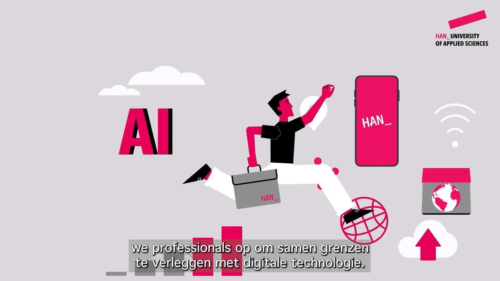 Thumbnail van animatie 4 thema's zwaartepunt Slim - Smart Region, over AI, digital twin, innovatieve leeromgeving en adoptieve organisatie.