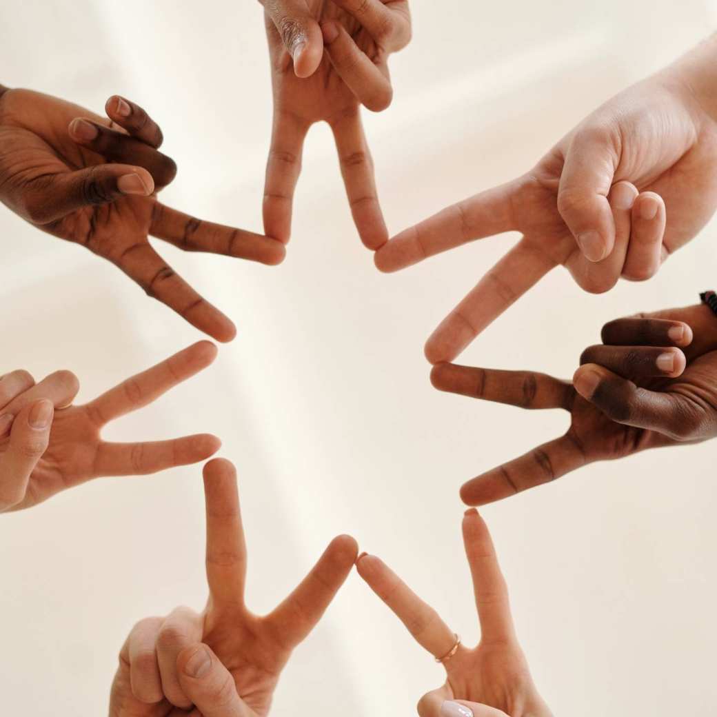 Handen in een kring vormen samen een ster. metafoor voor inclusie