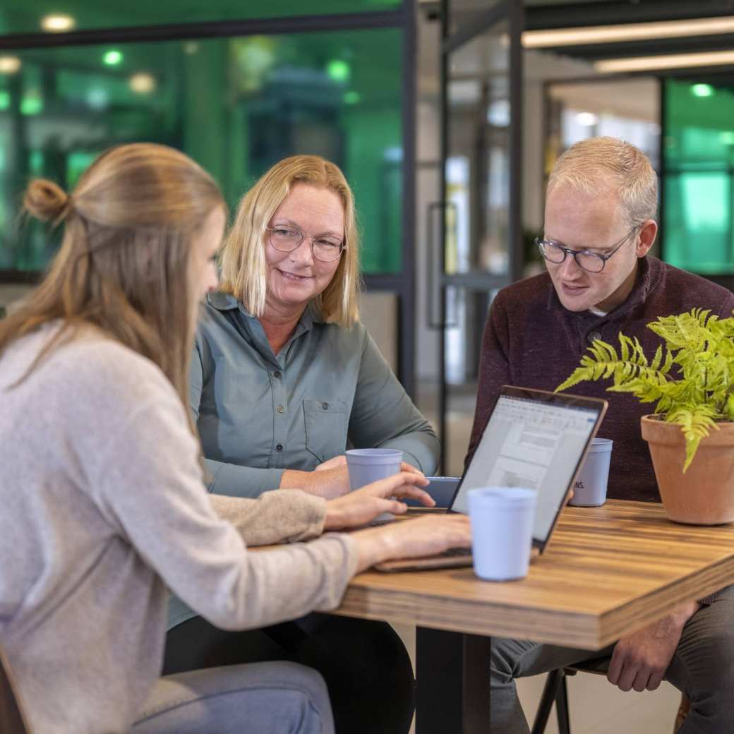 3 studenten zitten in een café te werken met een laptop. Groene achtergrond.