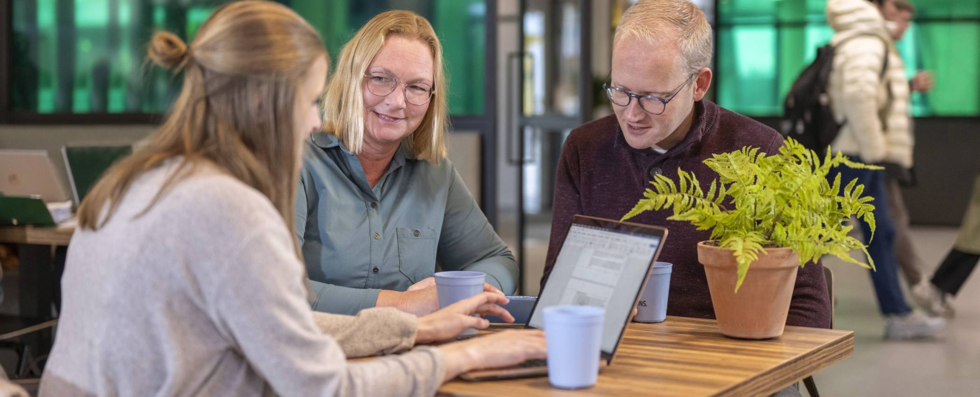 3 studenten zitten in een café te werken met een laptop. Groene achtergrond.