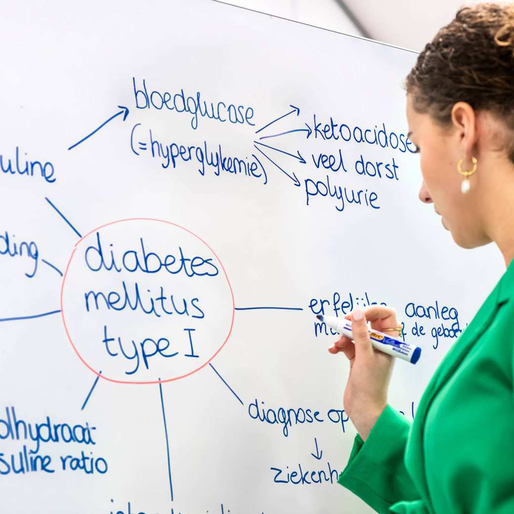 Student schrijft op een whiteboard over Diabetes Mellitus. 