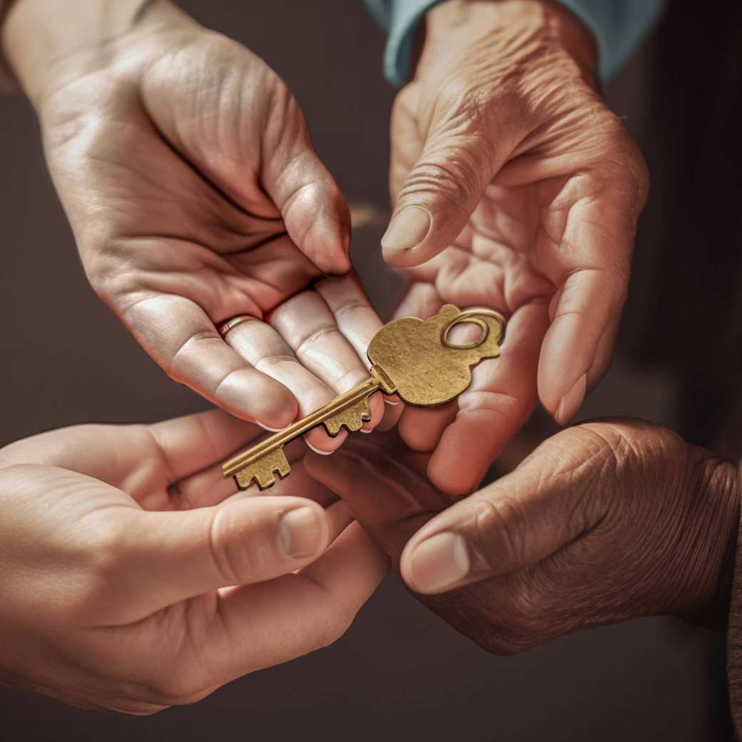 Handen van een oudere patiënt, diens naaste, een mantelzorger en een verpleegkundige die gezamenlijk een sleutel vasthouden.