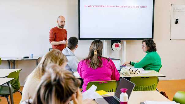 Studenten krijgen les in een lokaal. 