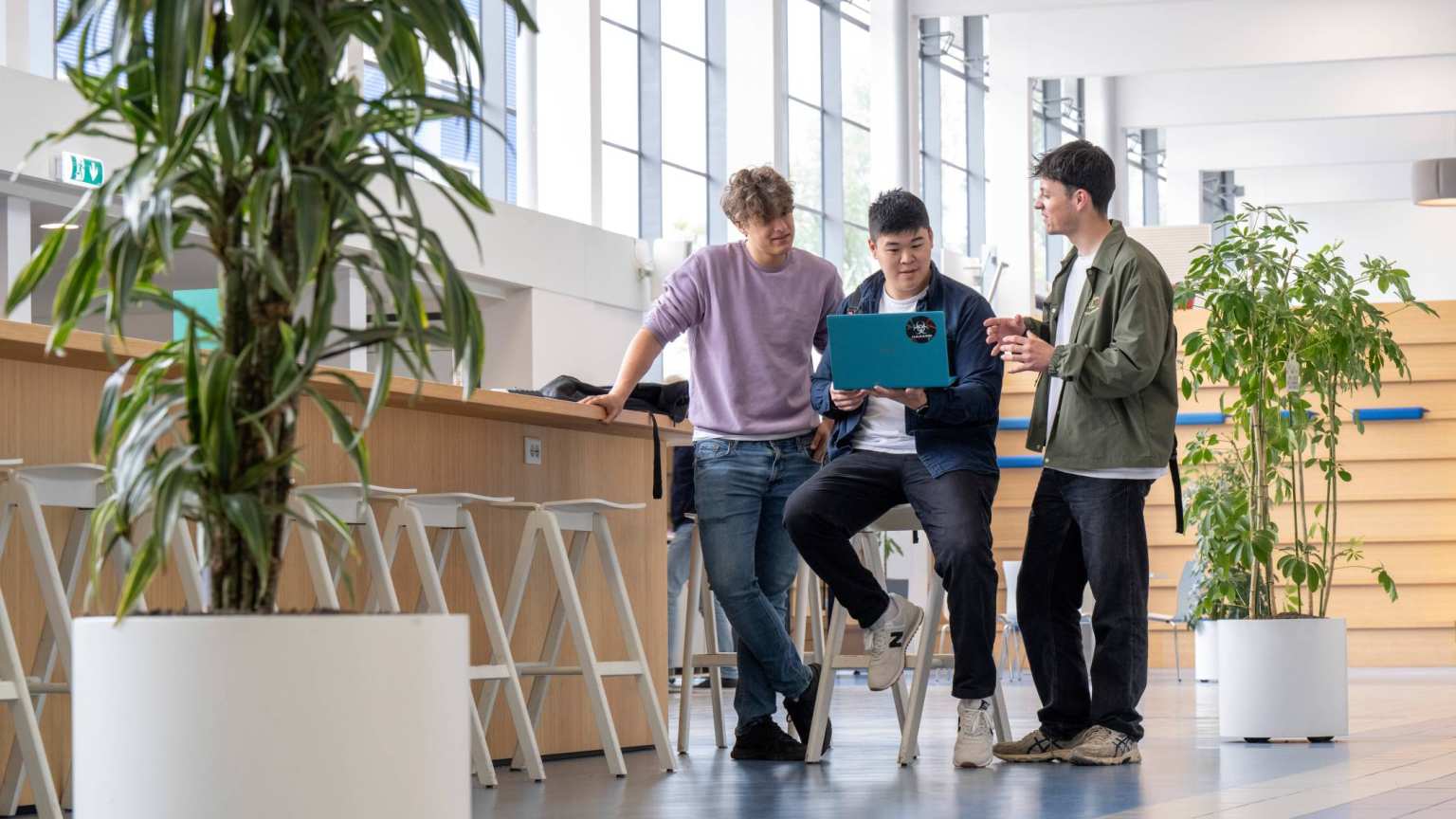 Drie jongens staan in de hal en kijken samen op een telefoon, uitgezoomde foto.