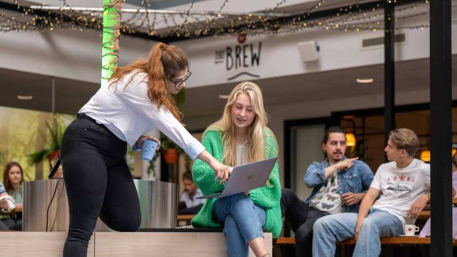 Twee studenten overleggen samen en wijzen naar de laptop, aan het werk bij The Brew.