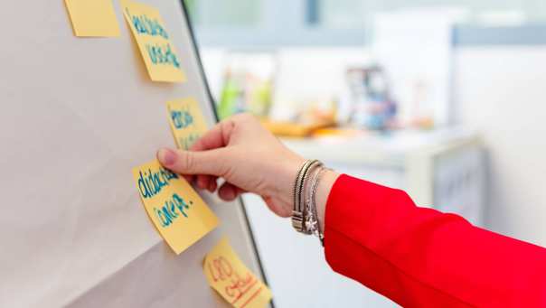 Persoon plakt sticky note op bord