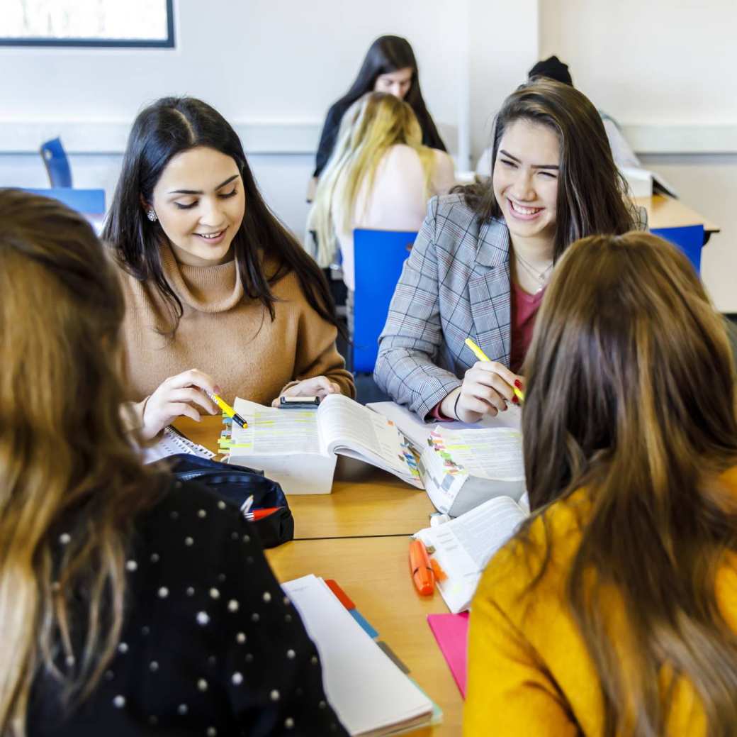 studenten in de les, lachen, hbo rechten, economie, finance, klas, college, samenwerken