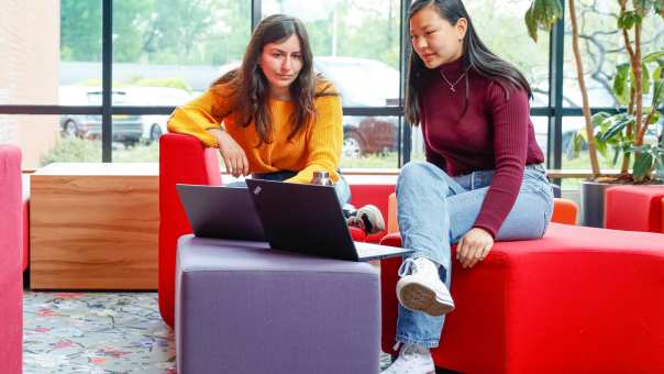 Twee internationael studenten overleggen met laptop bij rode banken