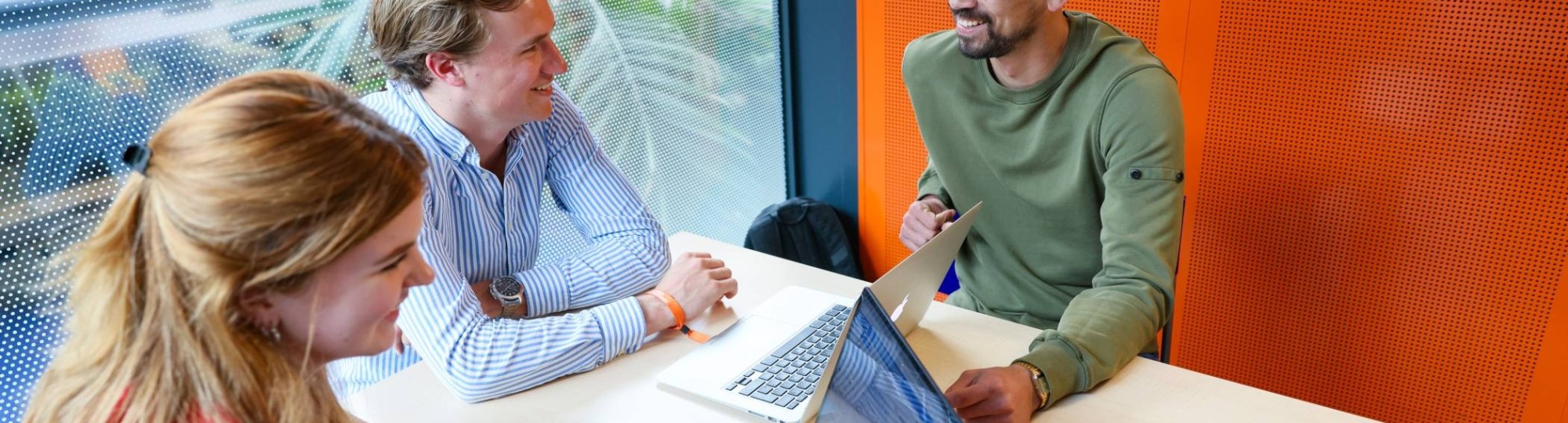 Facility Management, foto 8487, studenten samenwerken in zwevend hokje met laptop