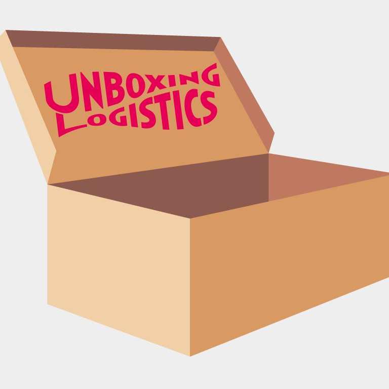 doos met in de deksel de titel van het festival unboxing logistics