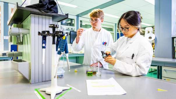 twee studenten werken samen in het chemielab