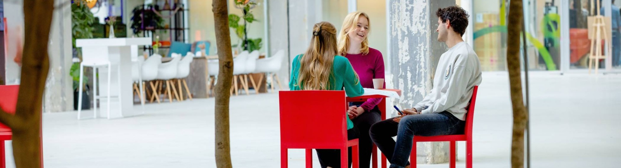 Studenten lachend in gesprek met tuin/laptop op voorgrond. Master Circulaire Economie 2024.