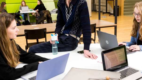 Studenten zitten in de kantine studeren met laptops