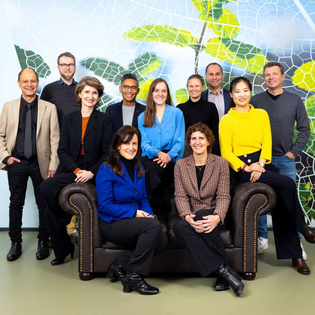 11 people standing in front of a wall with an image of mint leaves in front of a blue sky. 5 of them sit on a sofa and the other 6 stand around them. Everyone is facing the camera and smiling.