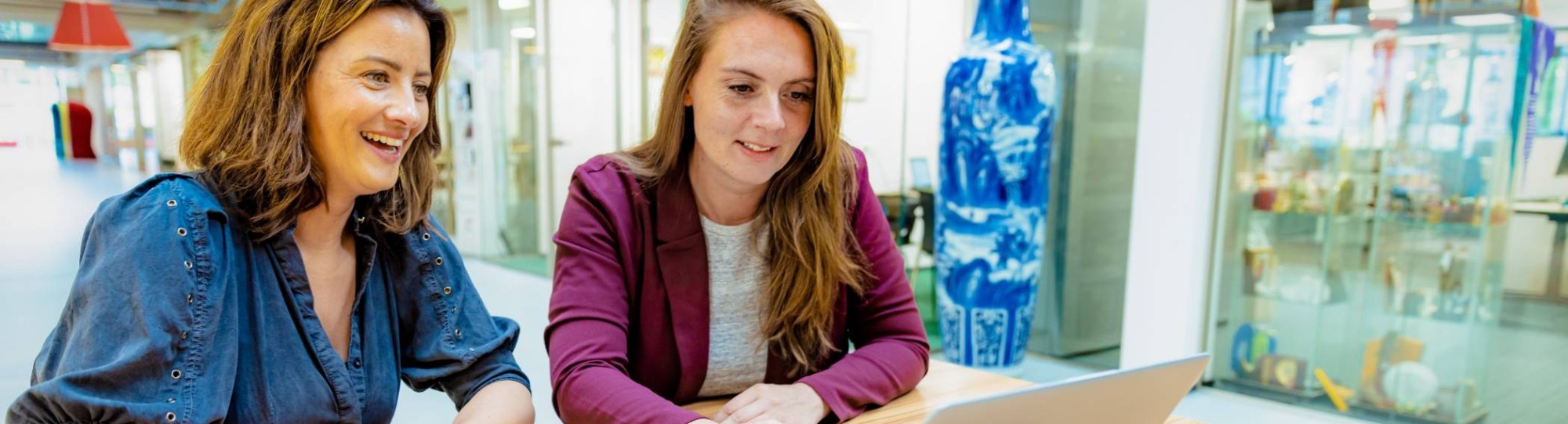 Twee studenten van de associate degree Bedrijfskunde zitten op hun laptop