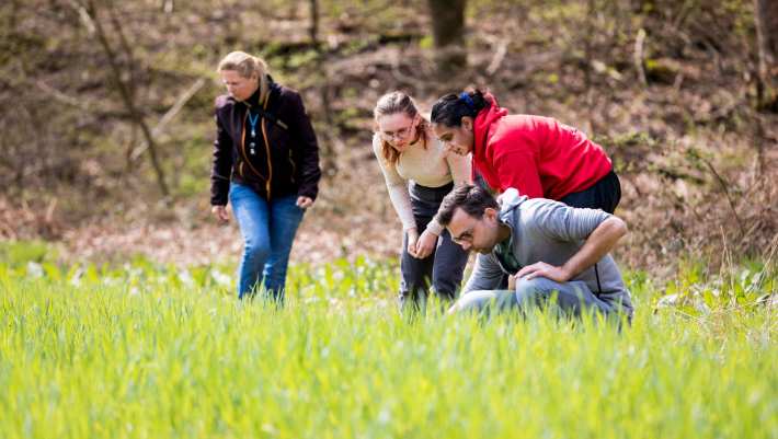 Biologie studenten en docenten kijken nieuwsgierig op het gras