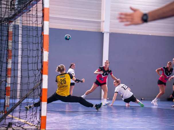Headerbeeld, handbalwedstrijd. Keeper blokkeert een worp