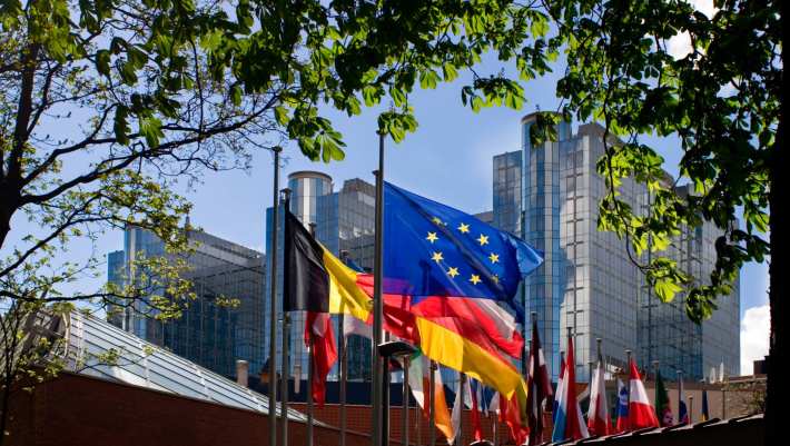 Europese vlag en andere landenvlaggen uit Europa, voor het Europees Parlement in Brussel. Studierichting Recht en Bestuur.